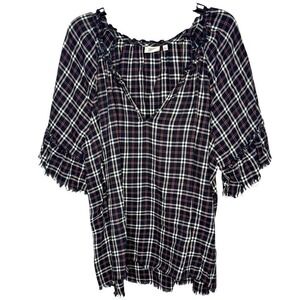 True Crafts Plaid Off The Shoulder Ruffle Sleeve Tunic Top Women's XL